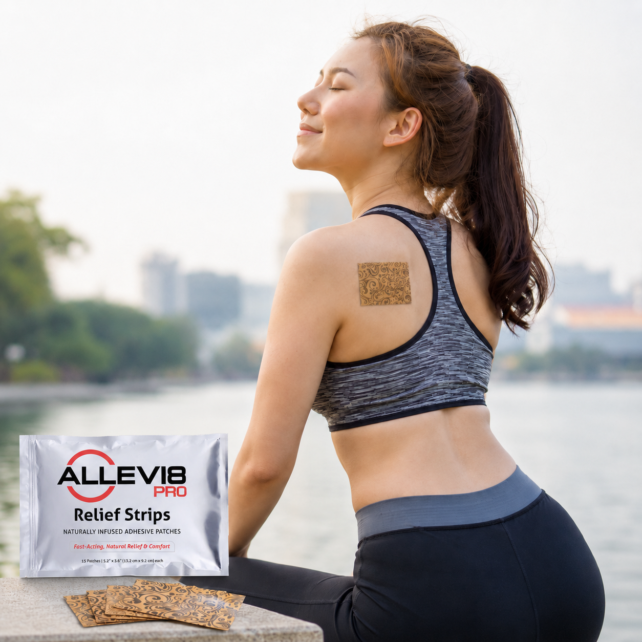 Woman outside with an ALLEVI8 PRO strip on her shoulder
