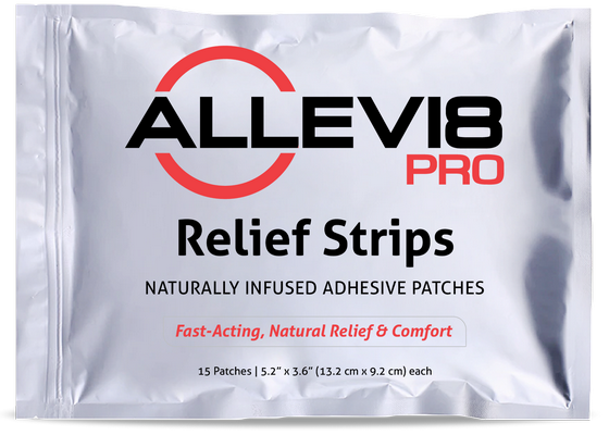 Front of the ALLEVI8 PRO Relief Strips pouch